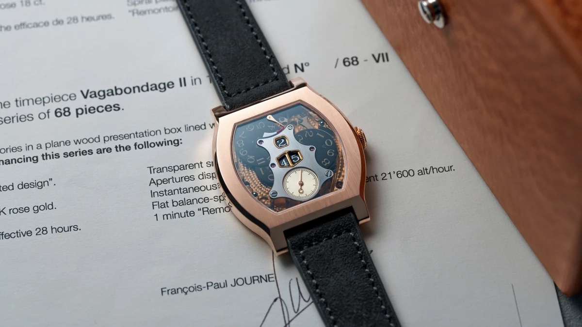 F.P. Journe Vagabondage II in rose gold resting on its numbered certificate marked N deg /68 - VII