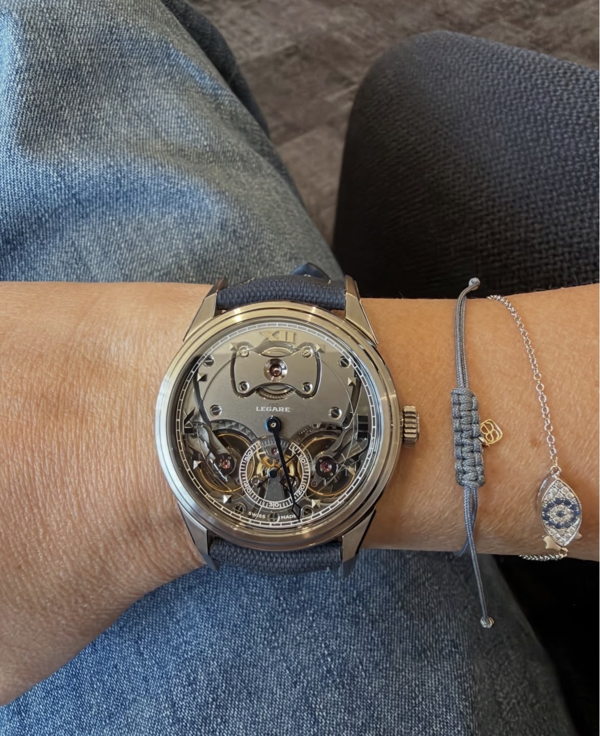 Legare Chapter One with an openworked movement on a blue strap, worn on the wrist