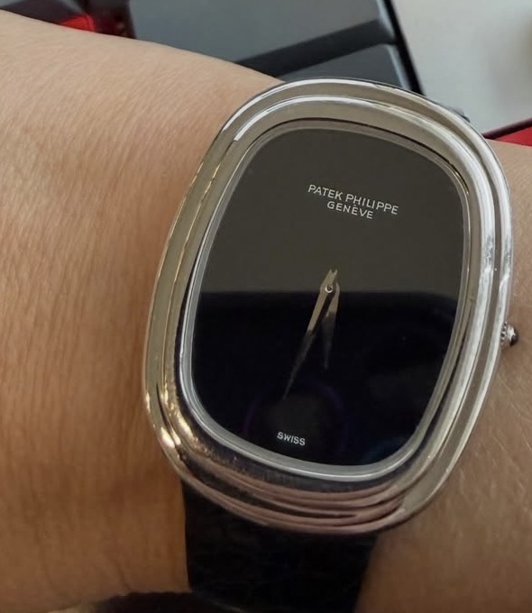 Vintage Patek Philippe Golden Ellipse in white gold with a black onyx dial, worn on the wrist