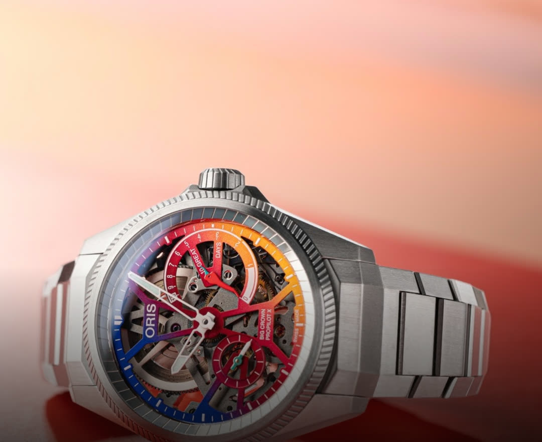 Oris ProPilot X Gonzo Edition with skeletonised rainbow dial