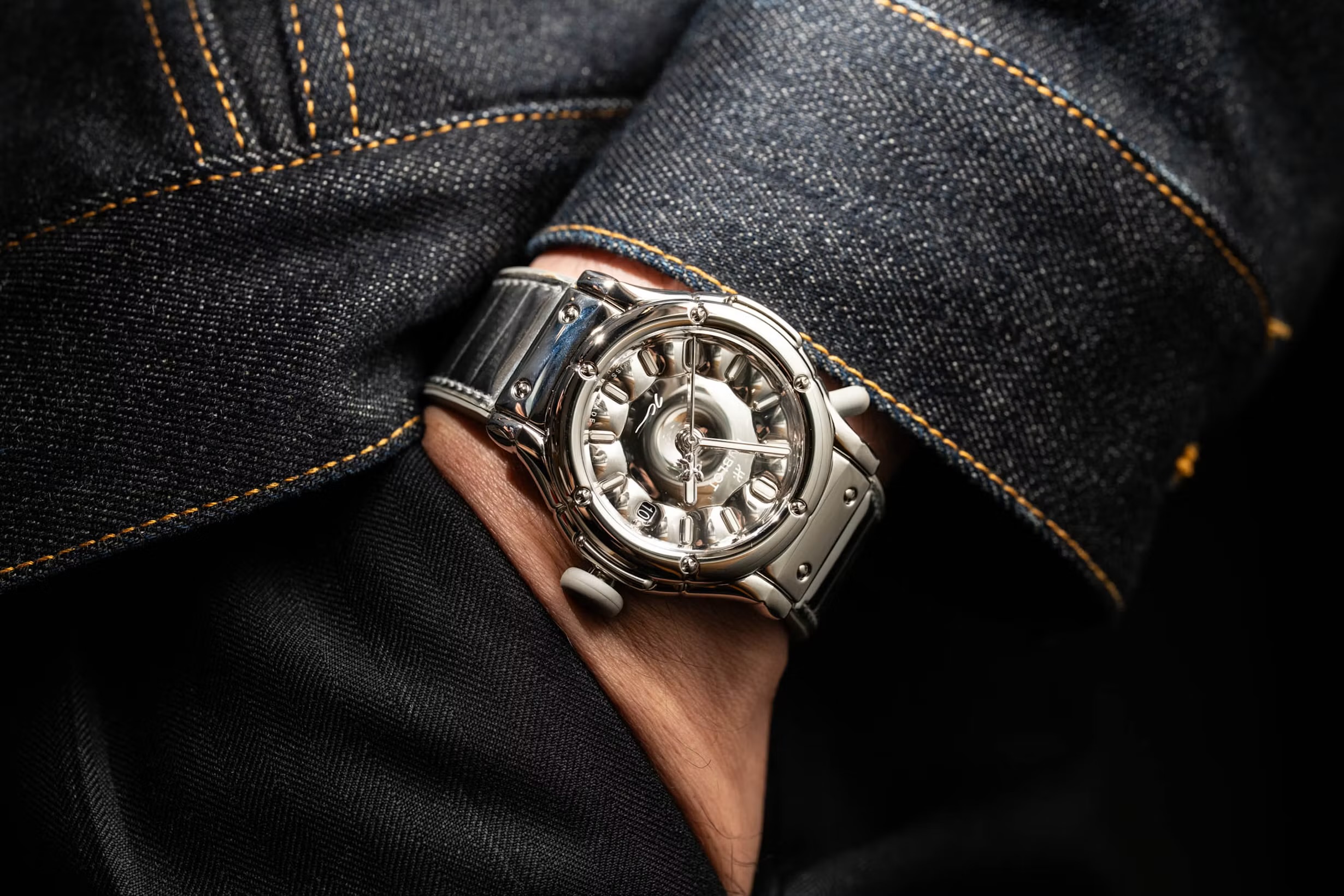 Mirror-polished steel edition, on the wrist