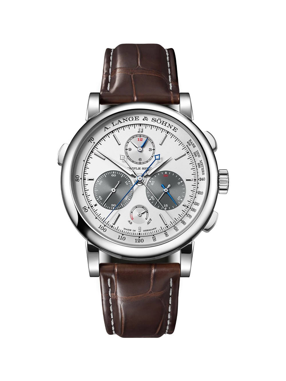 A. Lange & Söhne Triple Split in platinum with rhodié dial and brown alligator strap