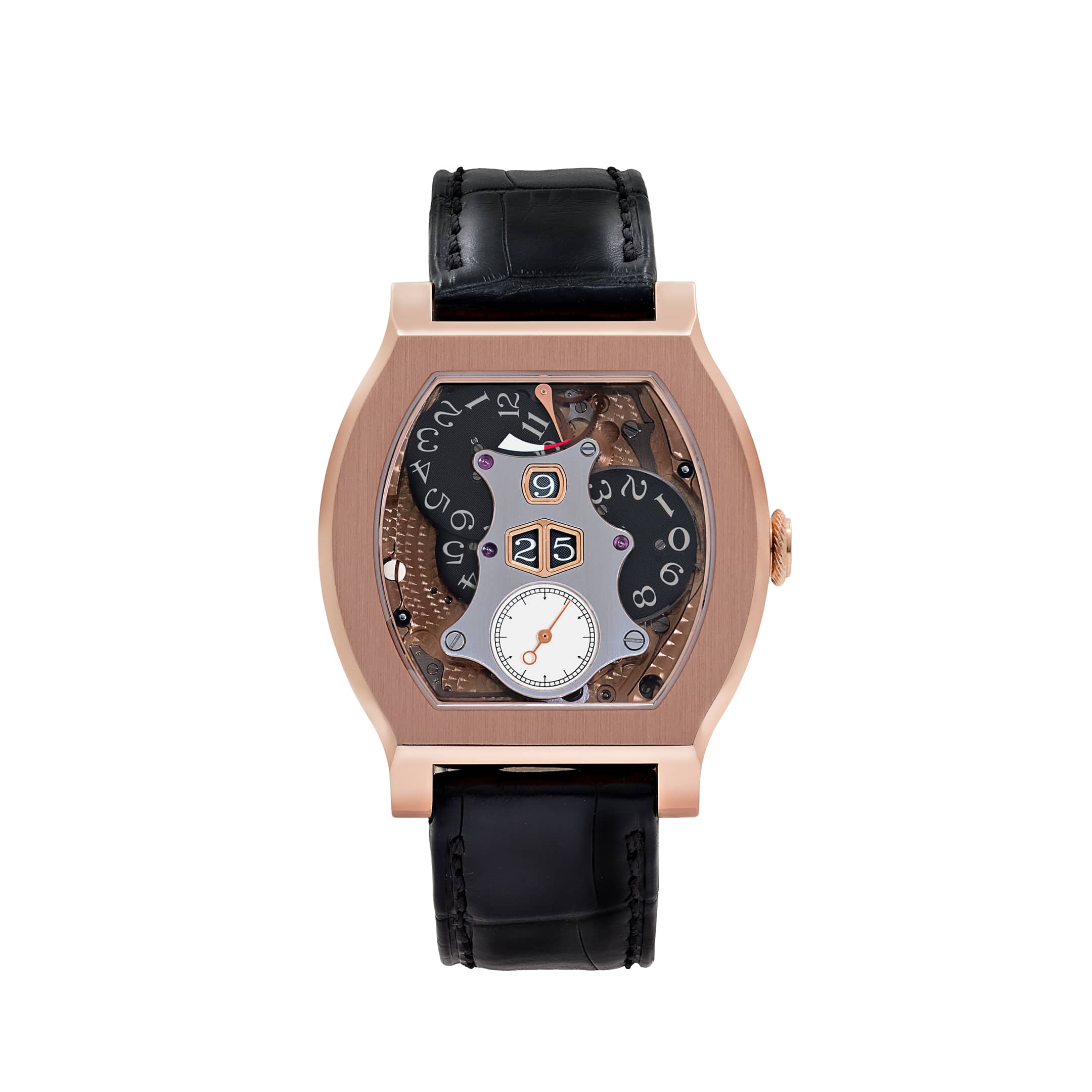 Dial of the F.P. Journe Vagabondage II in rose gold showing digital jumping hours and minutes with a white sub-seconds dial