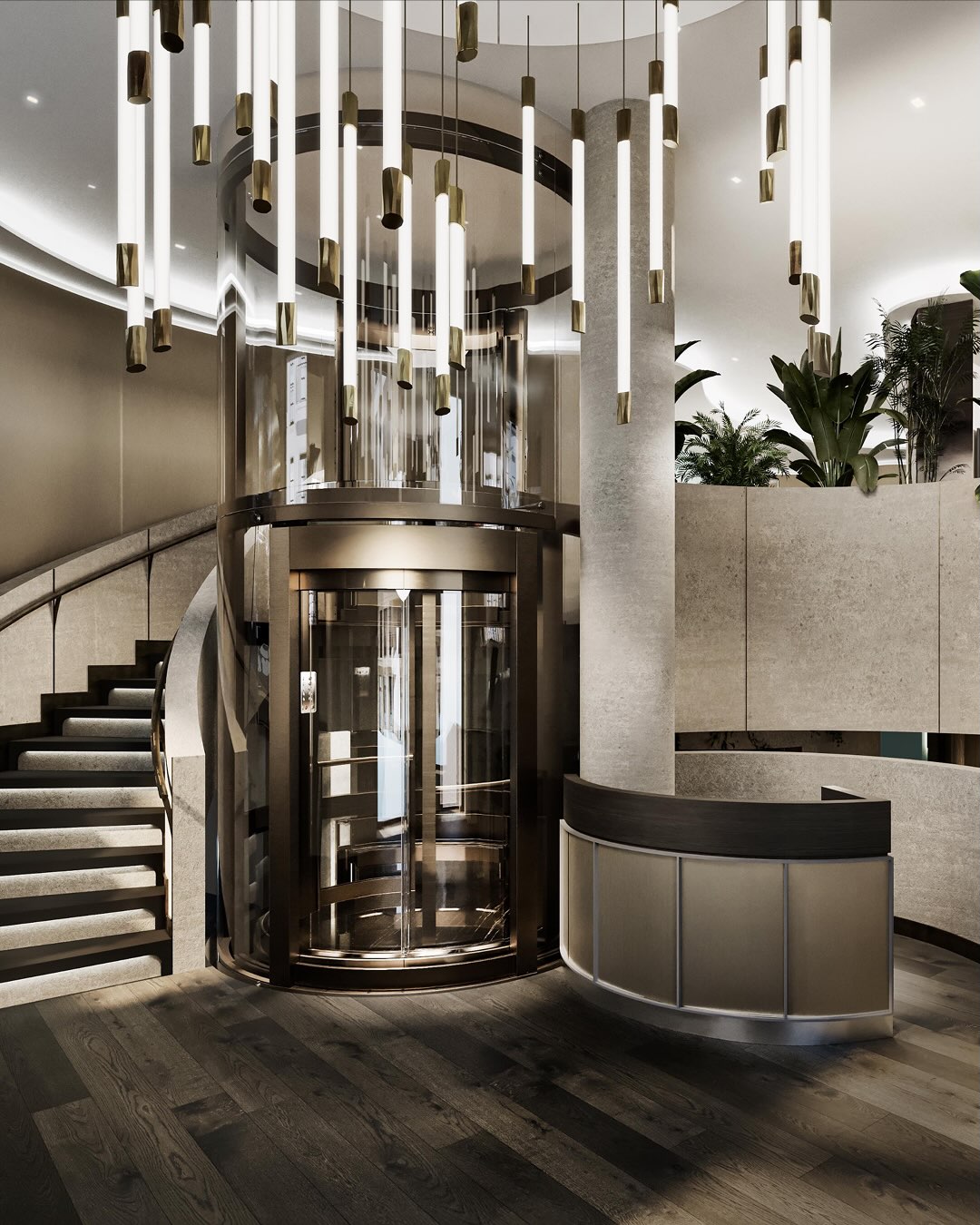 Richard Mille Madrid boutique: The entrance, with its bespoke Haberdashery pendant light, circular bronze-accented glass lift and sweeping staircase