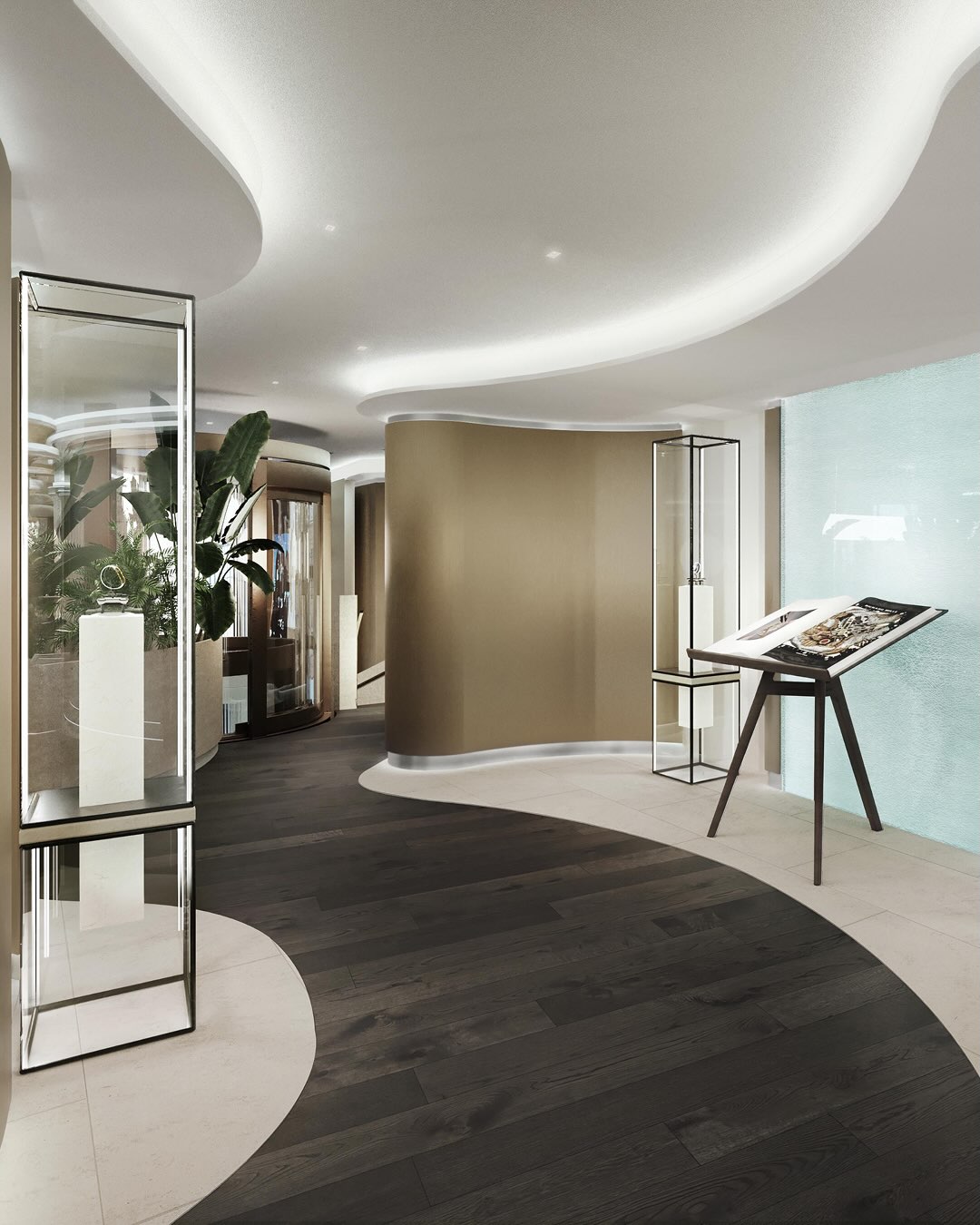 Richard Mille Madrid boutique: The sales area, with curved ceilings and display vitrines