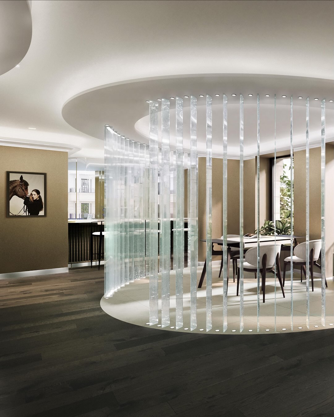 Richard Mille Madrid boutique: The lower-floor dining area, framed by a curved glass partition