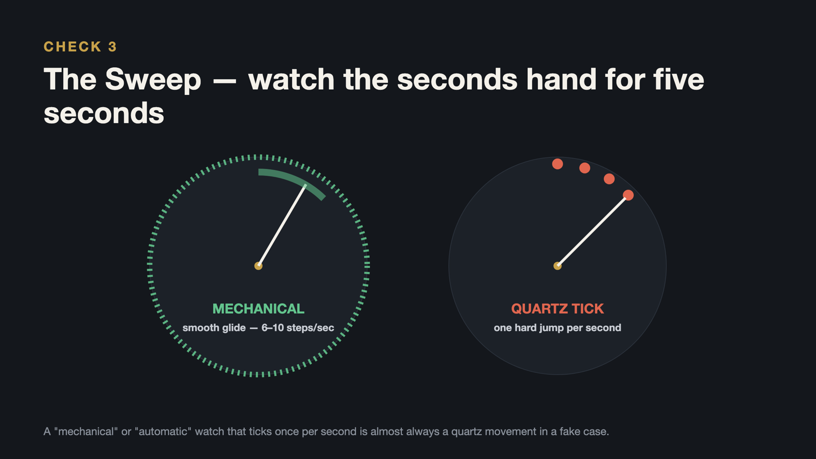 A mechanical seconds hand sweeping smoothly versus a quartz hand jumping once per second