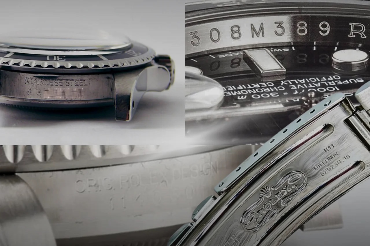 Genuine Rolex serial and reference engravings: case serial, rehaut serial at 6 o'clock, reference number between the lugs, and clasp codes
