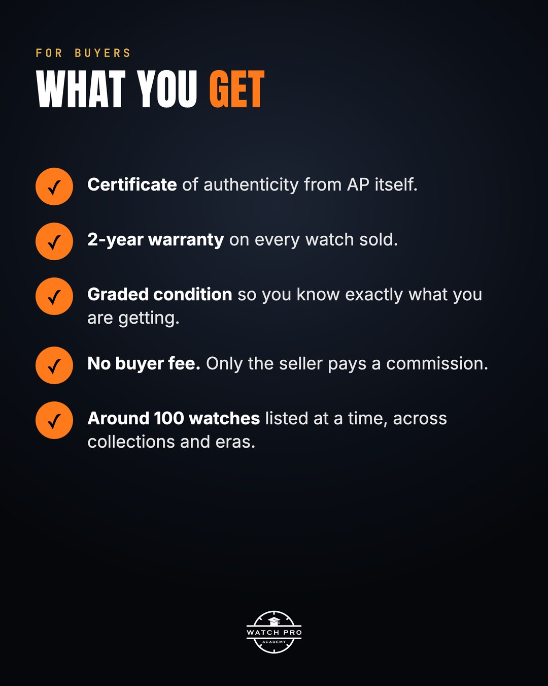 What buyers get with an Audemars Piguet certified pre-owned watch: certificate, two-year warranty, condition grade
