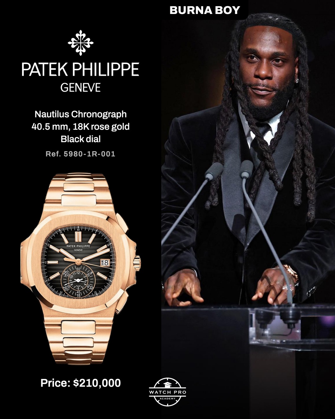 Burna Boy wearing Patek Philippe Nautilus 5980/1R at Ballon d'Or 2026