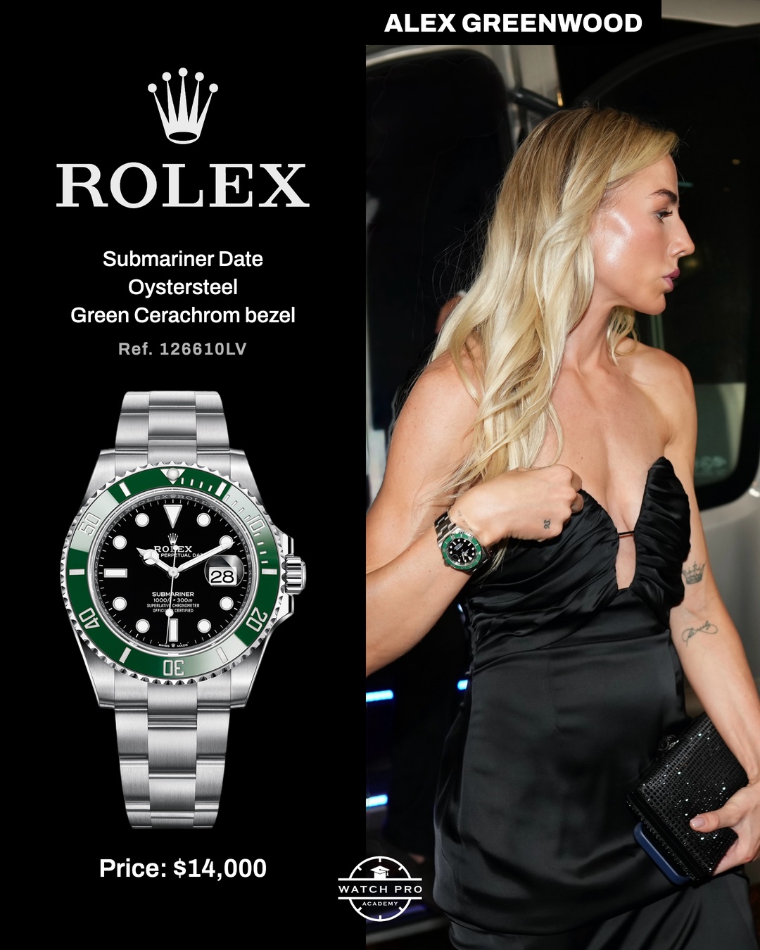 Alex Greenwood wearing Rolex Submariner Date 126610LV green bezel at Ballon d'Or 2026