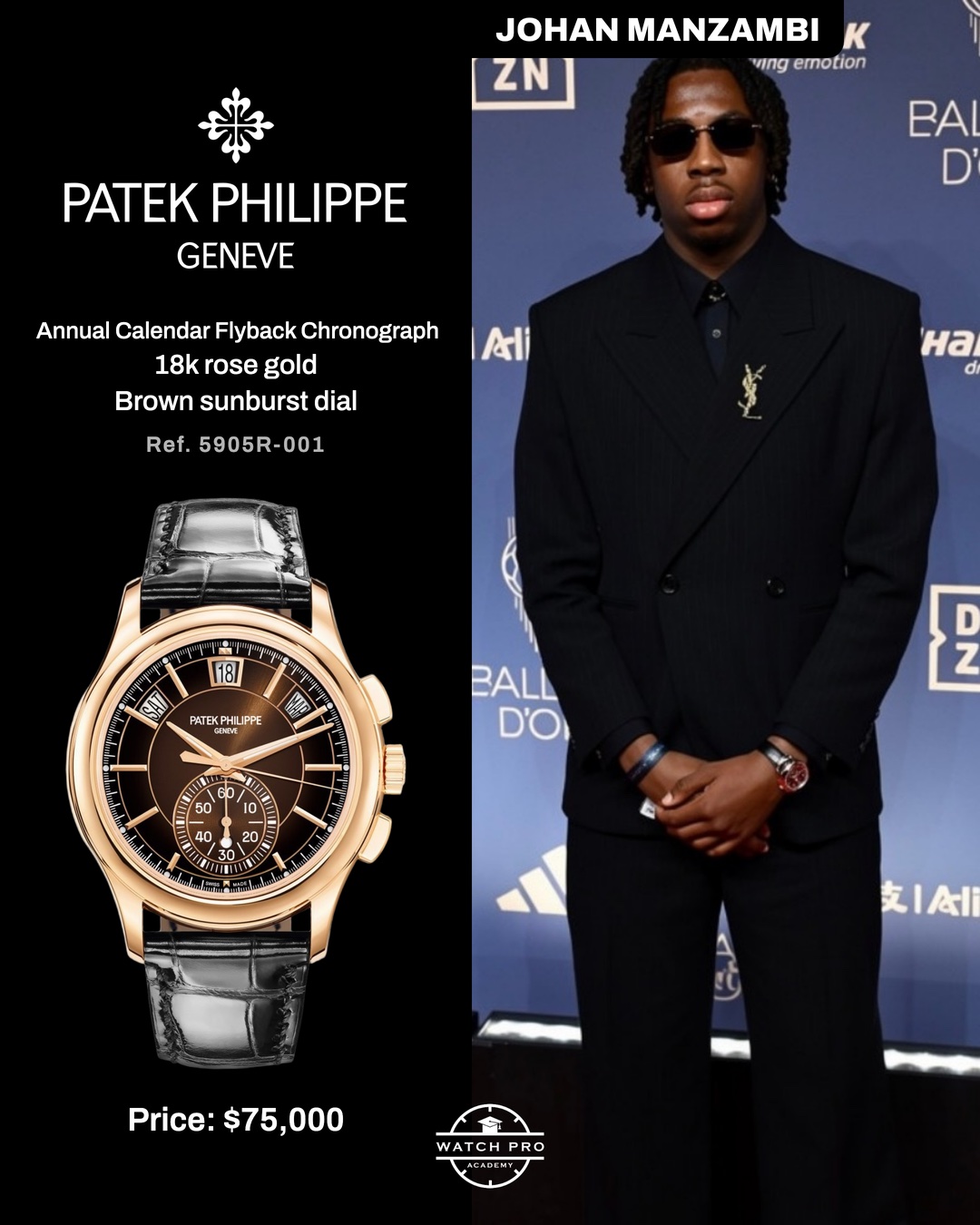 Johan Manzambi wearing Patek Philippe 5905R-001 Annual Calendar Chronograph rose gold at Ballon d'Or 2026