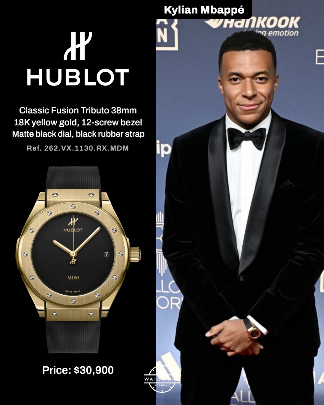 Kylian Mbappé wearing Hublot Classic Fusion Tributo at Ballon d'Or 2026