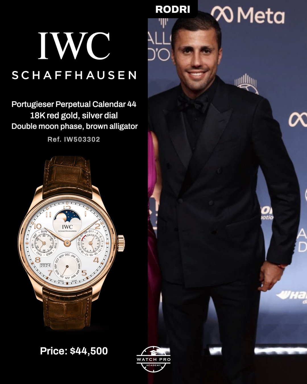 Rodri wearing IWC Portugieser Perpetual Calendar 44 red gold at Ballon d'Or 2026