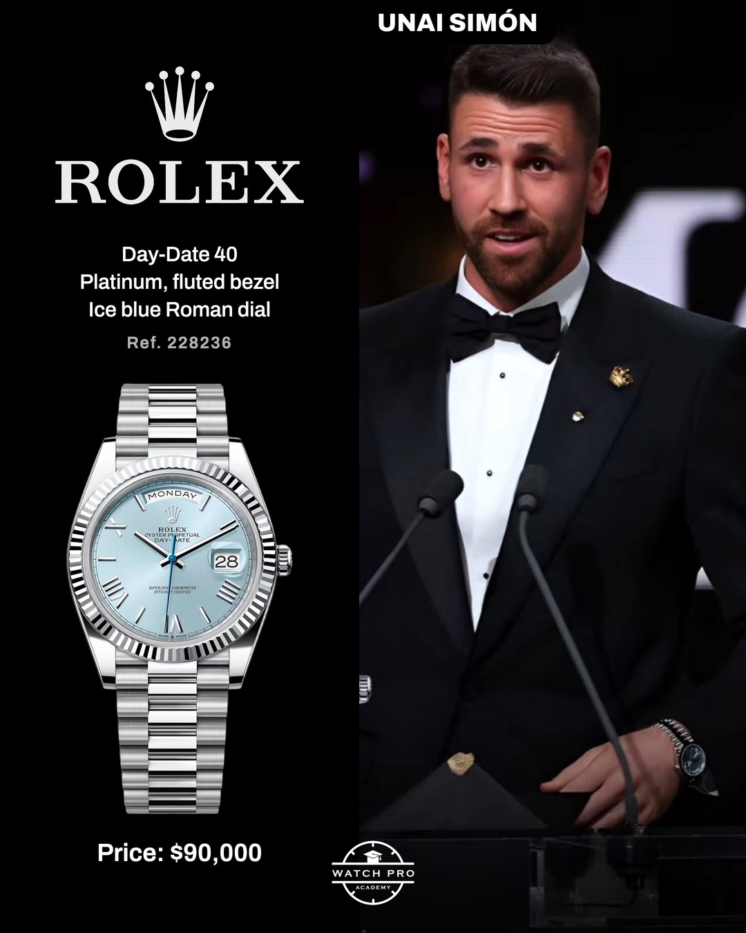 Unai Simon wearing Rolex Day-Date 40 228236 platinum ice blue dial at Ballon d'Or 2026