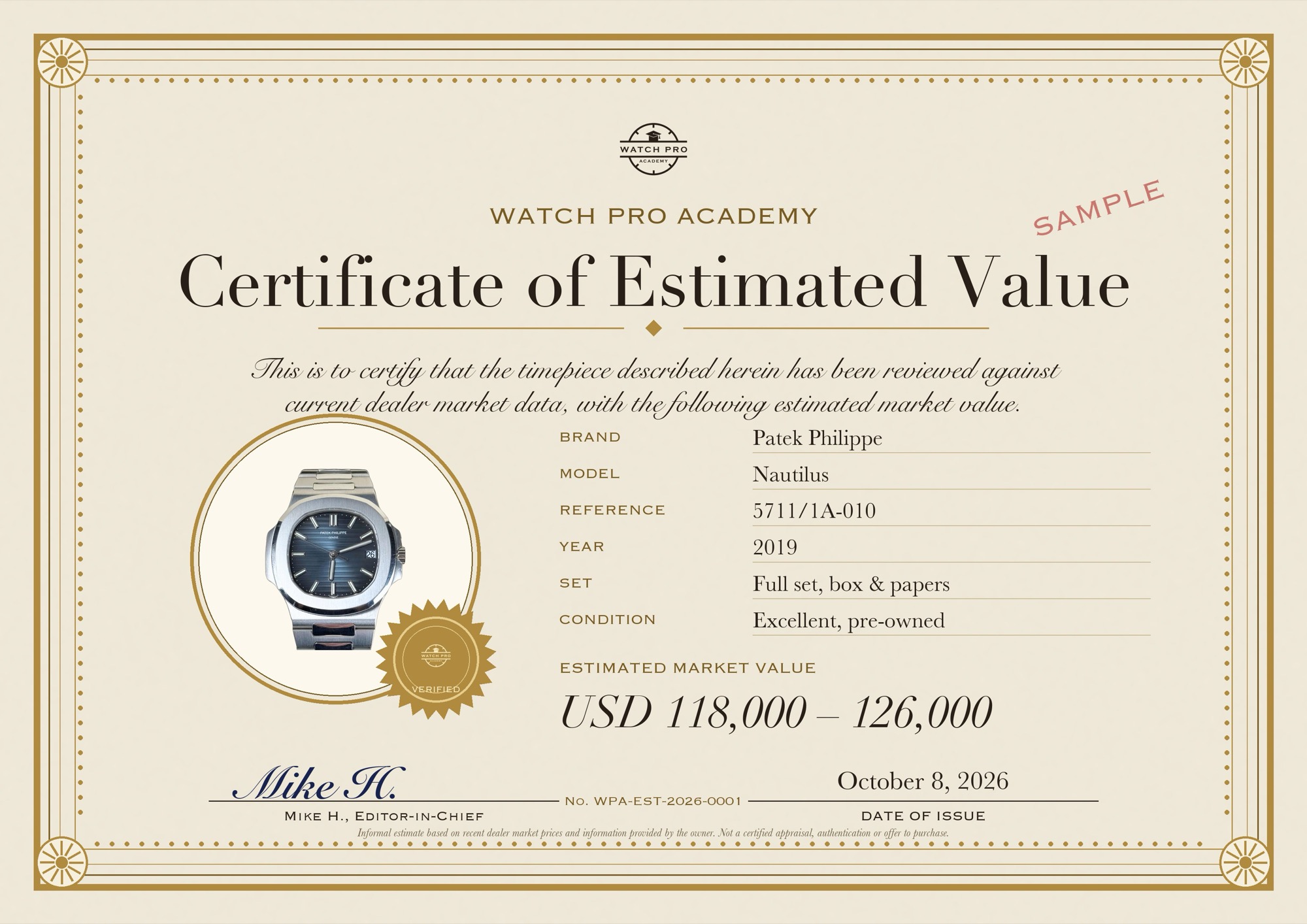 Sample Watch Pro Academy estimated market value report